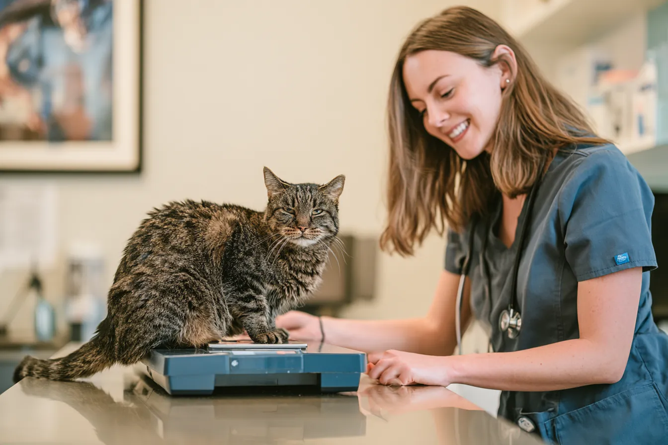 Worried owner holding a cat at an emergency veterinary clinic reception while reviewing a cost estimate
