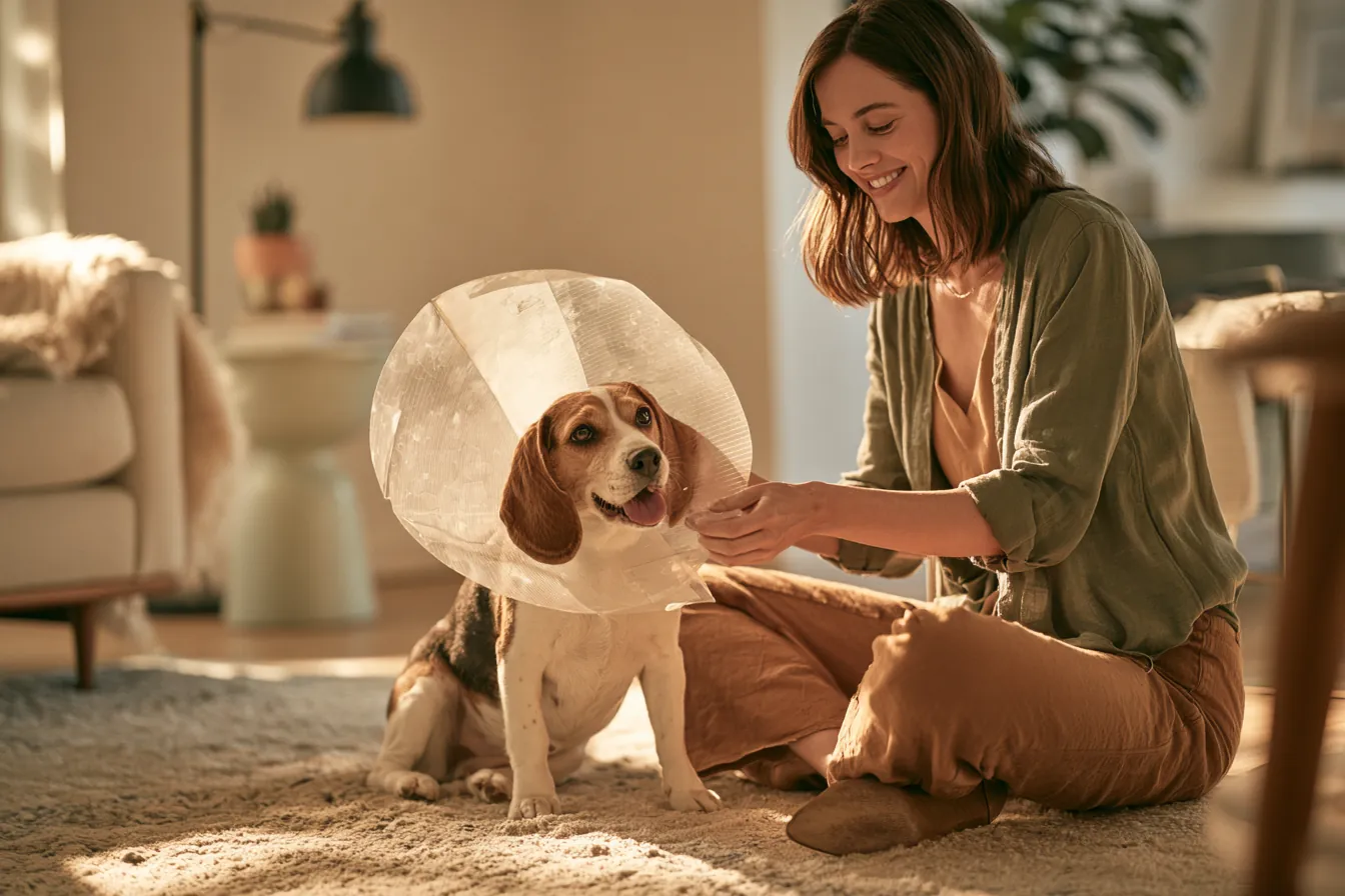 Dog recovering from surgery in a cone beside an owner organizing a vet estimate and financing paperwork