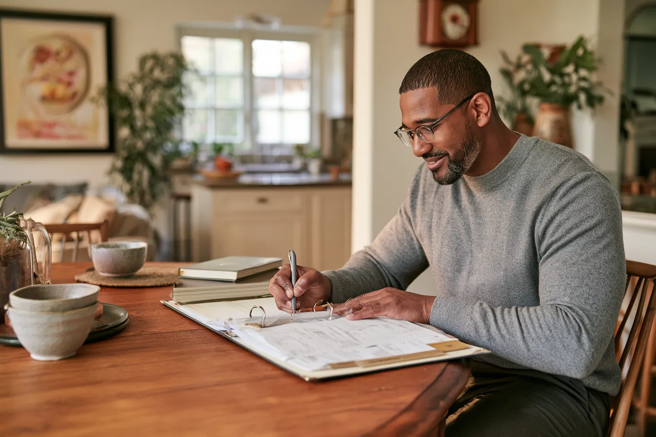 Borrower reviewing Griffin Funding eligibility requirements on a laptop at a kitchen table