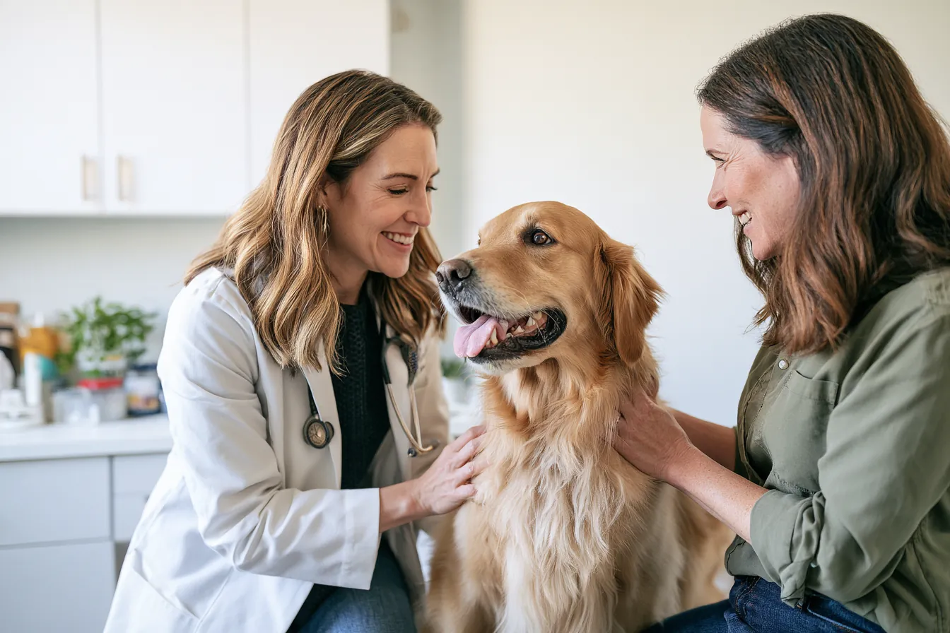 Veterinarian examining a golden retriever while its owner considers pet care loan options