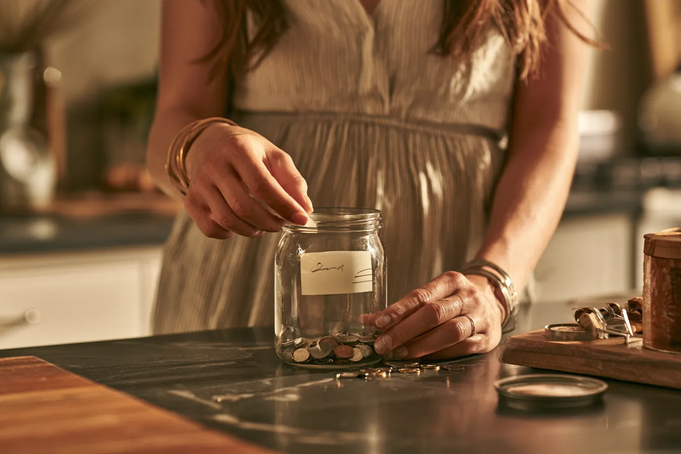 Person dropping cash into a savings jar next to a personal loan statement and weekly budget notebook